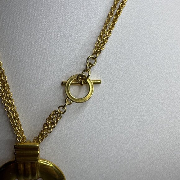 Vintage Gold Tone Statement Double Strand Necklace Circular Pendant Toggle Clasp - Picture 3 of 5
